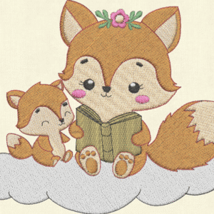 Reading Fox Embroidery Design – Cute Mother and Baby on Cloud