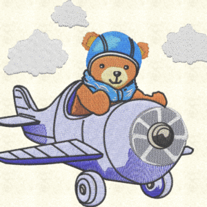 Flying Bear in Airplane Embroidery Design