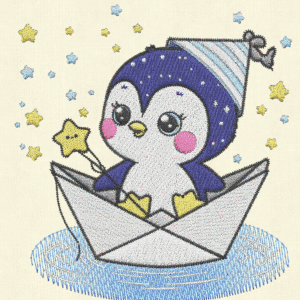 Cute Penguin in Paper Boat Embroidery Design