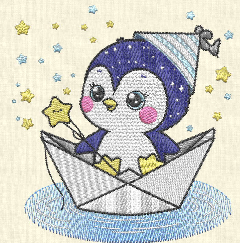 Cute Penguin in Paper Boat Embroidery Design