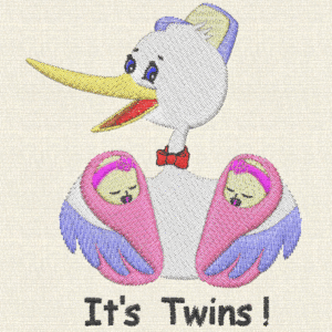 It's Twins – Stork with Twin Baby Girls Embroidery Design
