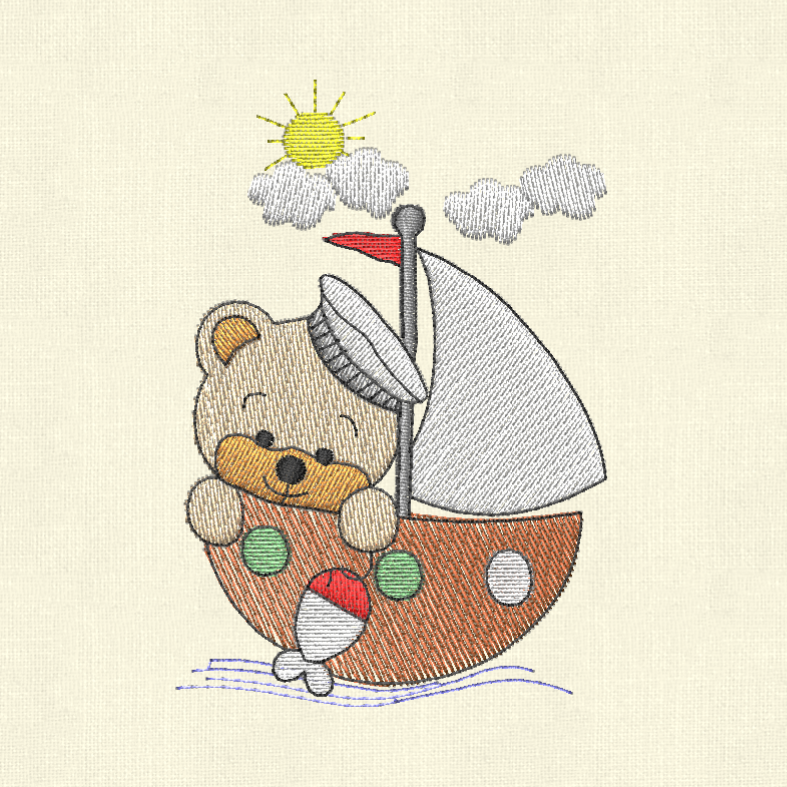 Cute Bear Embroidery Design – Baby Boat Theme – 3 Sizes
