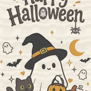 Happy Halloween Cute Ghost & Black Cat Machine Embroidery Design